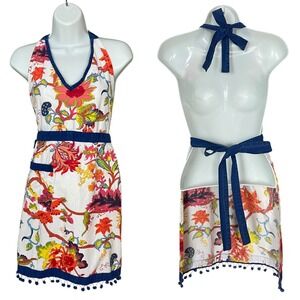 Sur La Table Floral Apron Colorful Cotton Pom Pom Trim Halter Neck Tie Kitchen